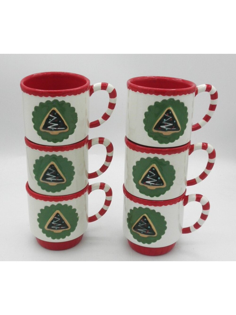 Hallmark Christmas Tree Mug Set Candy Cane Striped Handles Set of 6 Stackable